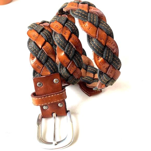 TOMMY HILFIGER Braided Leather Denim Womens Belt Size Medium Brown Blue 90s y2k - Picture 12 of 12